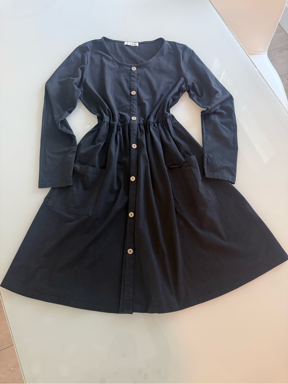 Everyday Black Button-Front Long Sleeve Dress with Pockets